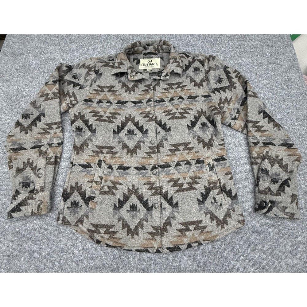 Outback Trading Co Daphne Shirt Jacket Womens Large Gray Aztec Wool Blend 48702